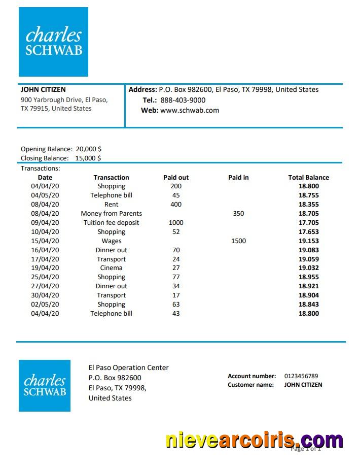 USA Charles Schwab & Co bank proof of address statement in Word and PDF format